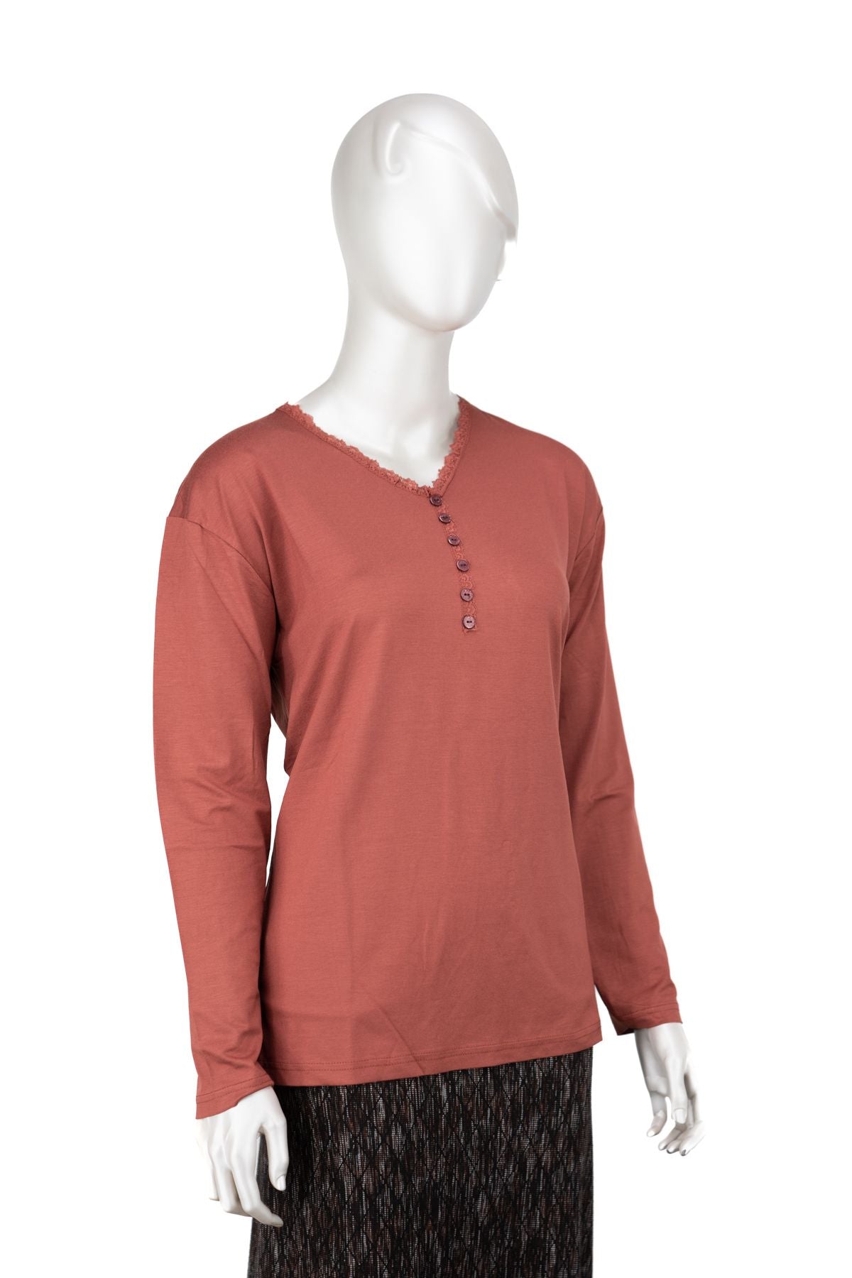 Kadın Turlu Viskon Penye Kumaş Anne Bluz Şık Fırfırlı V Yaka Normal Kesim Tam Kalıp Likralı